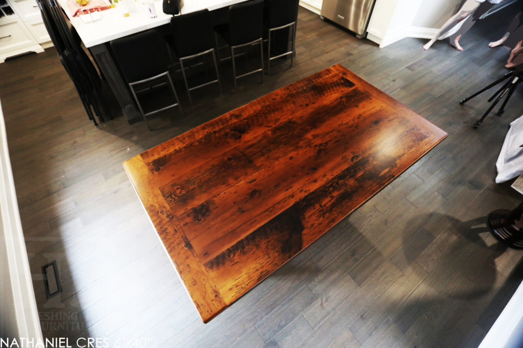 reclaimed wood table, Burlington, Ontario, metal base reclaimed wood table, hemlock, rustic table, cottage table, modern farmhouse table, modern reclaimed wood table, epoxy finish, mennonite furniture, threshing table, threshing floor