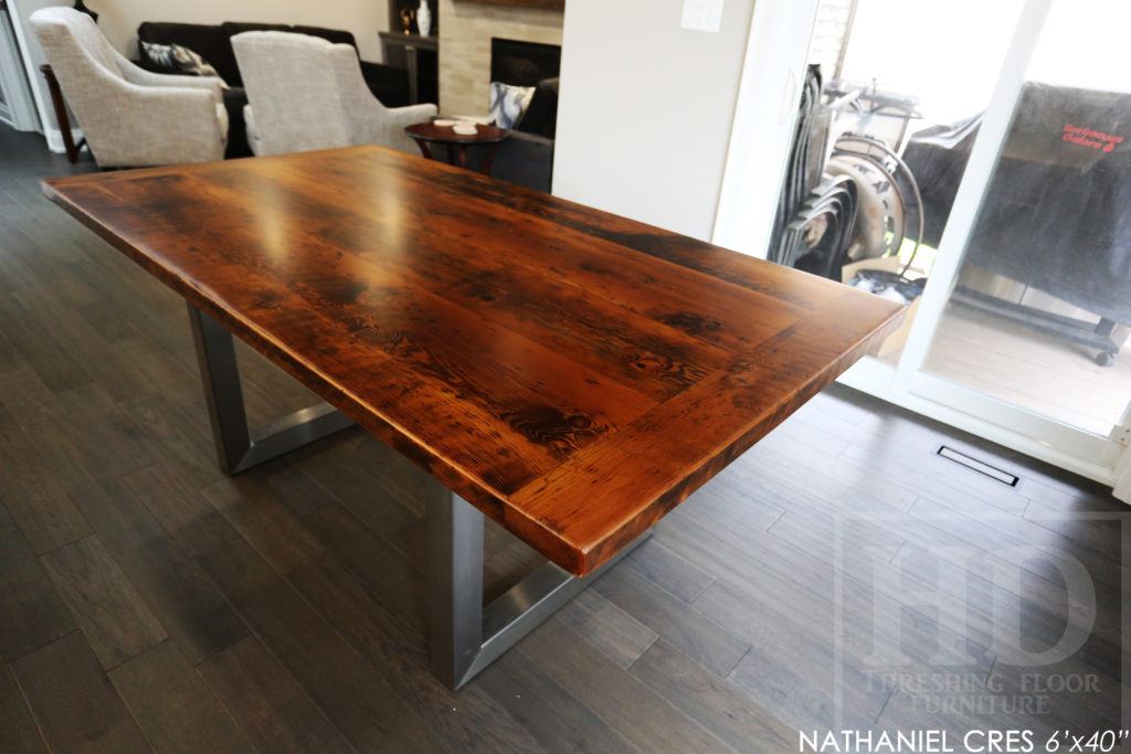 reclaimed wood table, Burlington, Ontario, metal base reclaimed wood table, hemlock, rustic table, cottage table, modern farmhouse table, modern reclaimed wood table, epoxy finish, mennonite furniture, threshing table, threshing floor