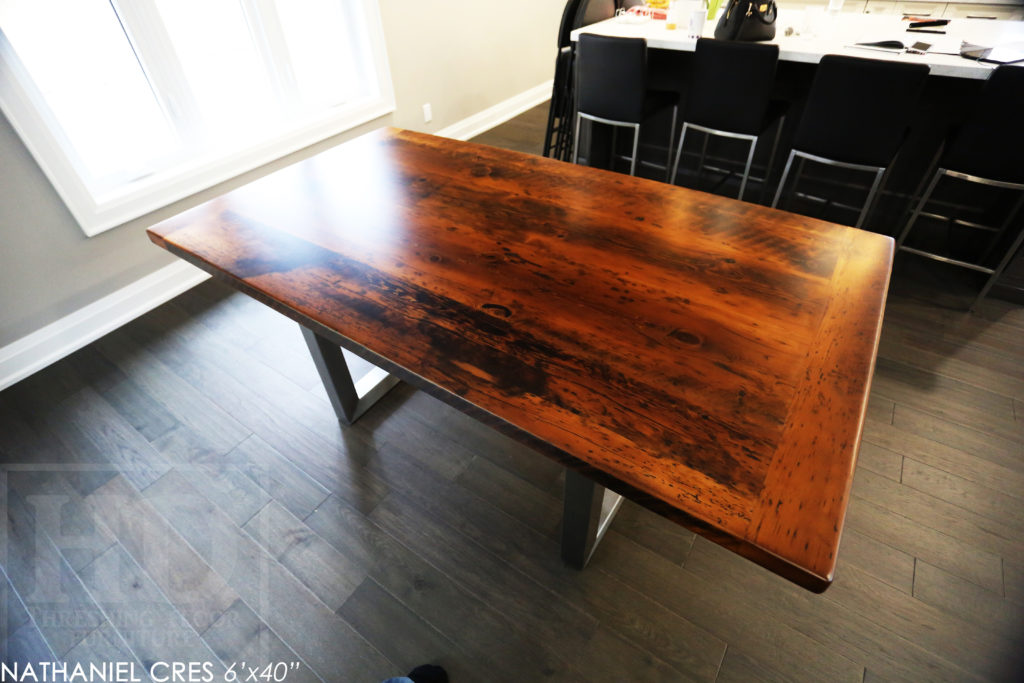 reclaimed wood table, Burlington, Ontario, metal base reclaimed wood table, hemlock, rustic table, cottage table, modern farmhouse table, modern reclaimed wood table, epoxy finish, mennonite furniture, threshing table, threshing floor