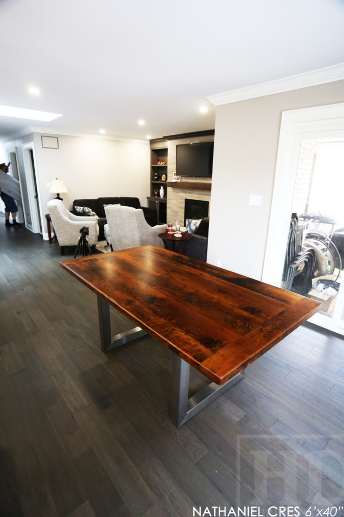 reclaimed wood table, Burlington, Ontario, metal base reclaimed wood table, hemlock, rustic table, cottage table, modern farmhouse table, modern reclaimed wood table, epoxy finish, mennonite furniture, threshing table, threshing floor