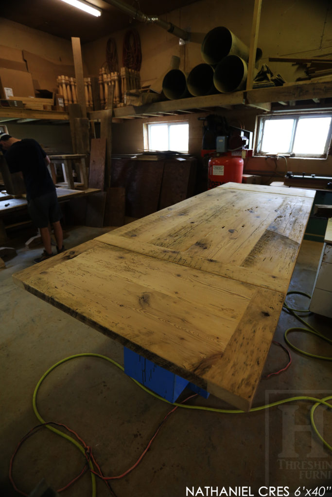 reclaimed wood table, Burlington, Ontario, metal base reclaimed wood table, hemlock, rustic table, cottage table, modern farmhouse table, modern reclaimed wood table, epoxy finish, mennonite furniture, threshing table, threshing floor