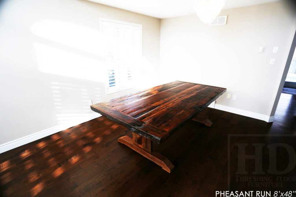 trestle table, reclaimed wood table, guelph furniture, ontario wood, rustic wood table, epoxy, threshing table, hd threshing, custom reclaimed wood table, unique wood table