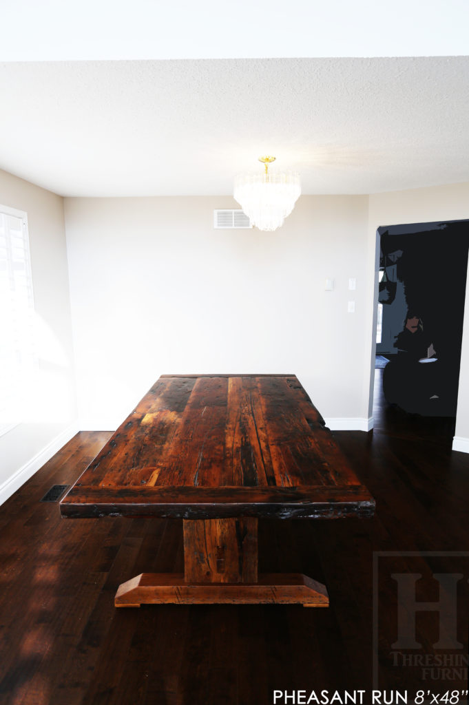 trestle table, reclaimed wood table, guelph furniture, ontario wood, rustic wood table, epoxy, threshing table, hd threshing, custom reclaimed wood table, unique wood table