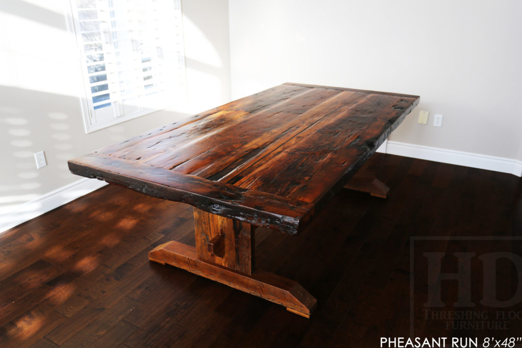 trestle table, reclaimed wood table, guelph furniture, ontario wood, rustic wood table, epoxy, threshing table, hd threshing, custom reclaimed wood table, unique wood table