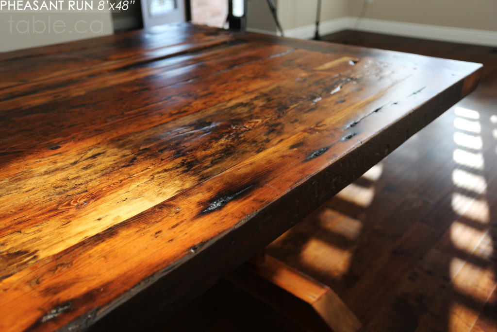 trestle table, reclaimed wood table, guelph furniture, ontario wood, rustic wood table, epoxy, threshing table, hd threshing, custom reclaimed wood table, unique wood table