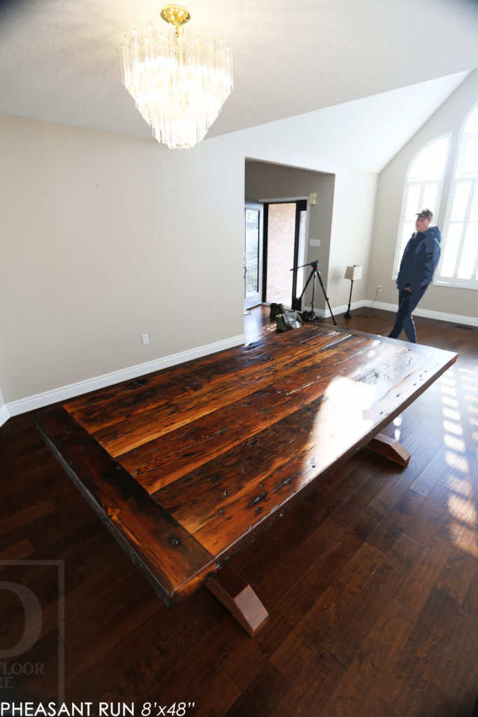 trestle table, reclaimed wood table, guelph furniture, ontario wood, rustic wood table, epoxy, threshing table, hd threshing, custom reclaimed wood table, unique wood table