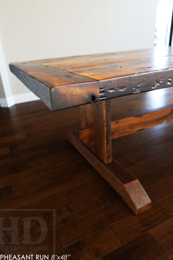trestle table, reclaimed wood table, guelph furniture, ontario wood, rustic wood table, epoxy, threshing table, hd threshing, custom reclaimed wood table, unique wood table