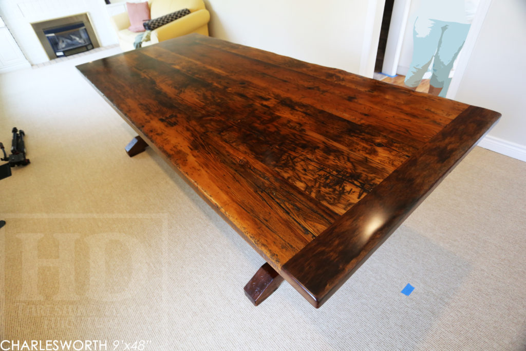 reclaimed wood table, reclaimed wood furniture, trestle, HD Threshing, Gerald Reinink, threshing table, threshing floor furniture, sarnia, ontario