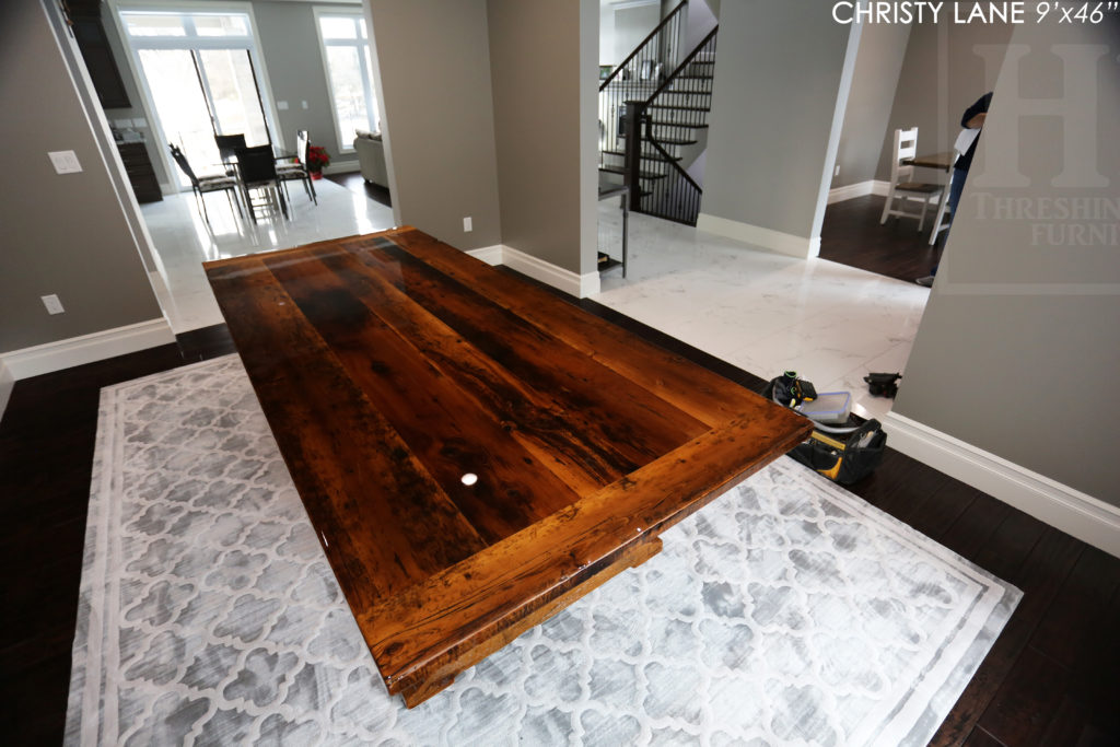 trestle table, reclaimed wood table, threshing floor table, tecumseh, ontario, epoxy finish, rustic furniture canada, mennonite furniture ontario, reclaimed wood dining table, rustic furniture canada, country style furniture, solid wood furniture canada, Gerald Reinink, HD Threshing