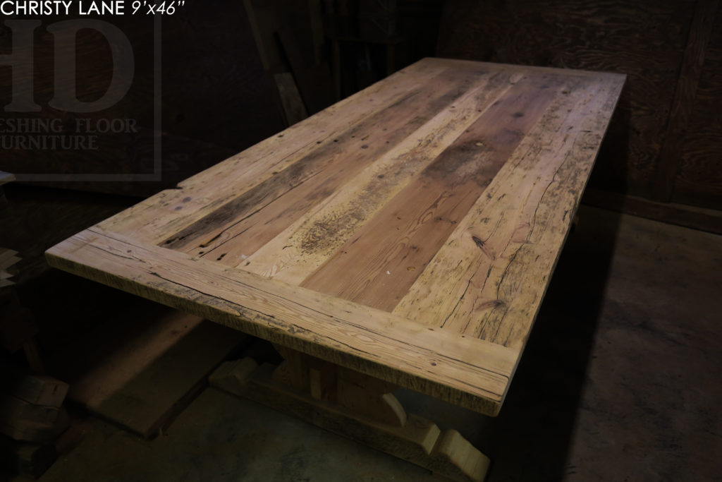 trestle table, reclaimed wood table, threshing floor table, tecumseh, ontario, epoxy finish, rustic furniture canada, mennonite furniture ontario, reclaimed wood dining table, rustic furniture canada, country style furniture, solid wood furniture canada, Gerald Reinink, HD Threshing