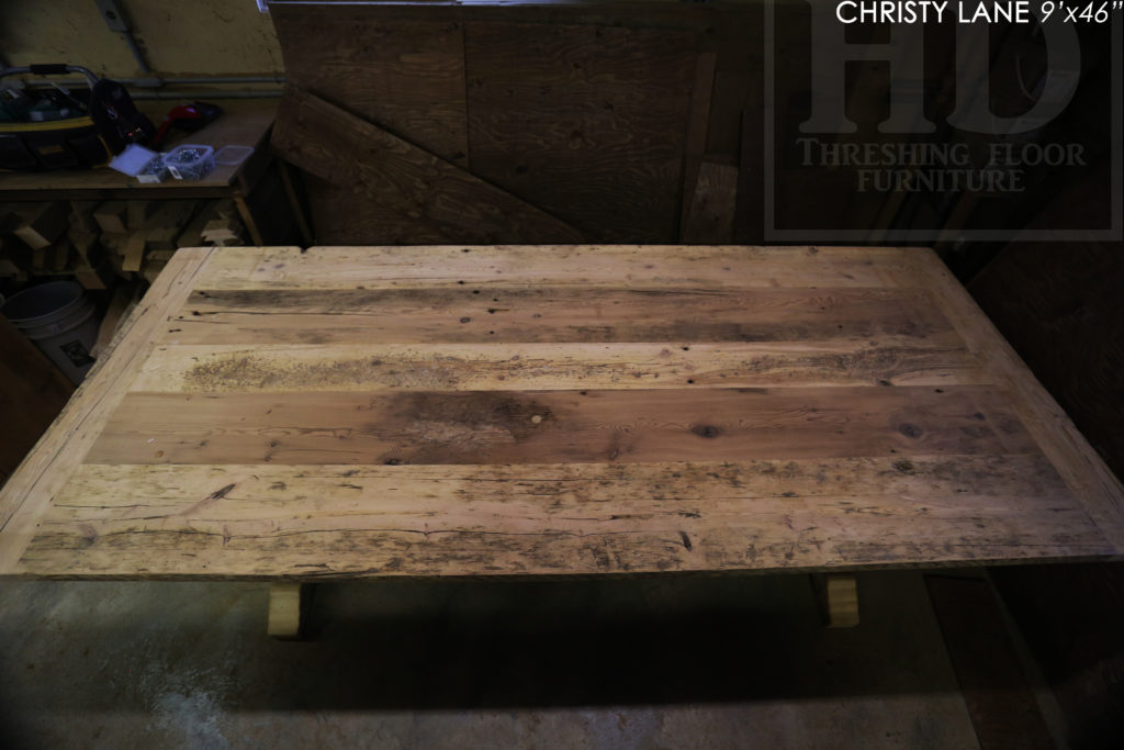 trestle table, reclaimed wood table, threshing floor table, tecumseh, ontario, epoxy finish, rustic furniture canada, mennonite furniture ontario, reclaimed wood dining table, rustic furniture canada, country style furniture, solid wood furniture canada, Gerald Reinink, HD Threshing