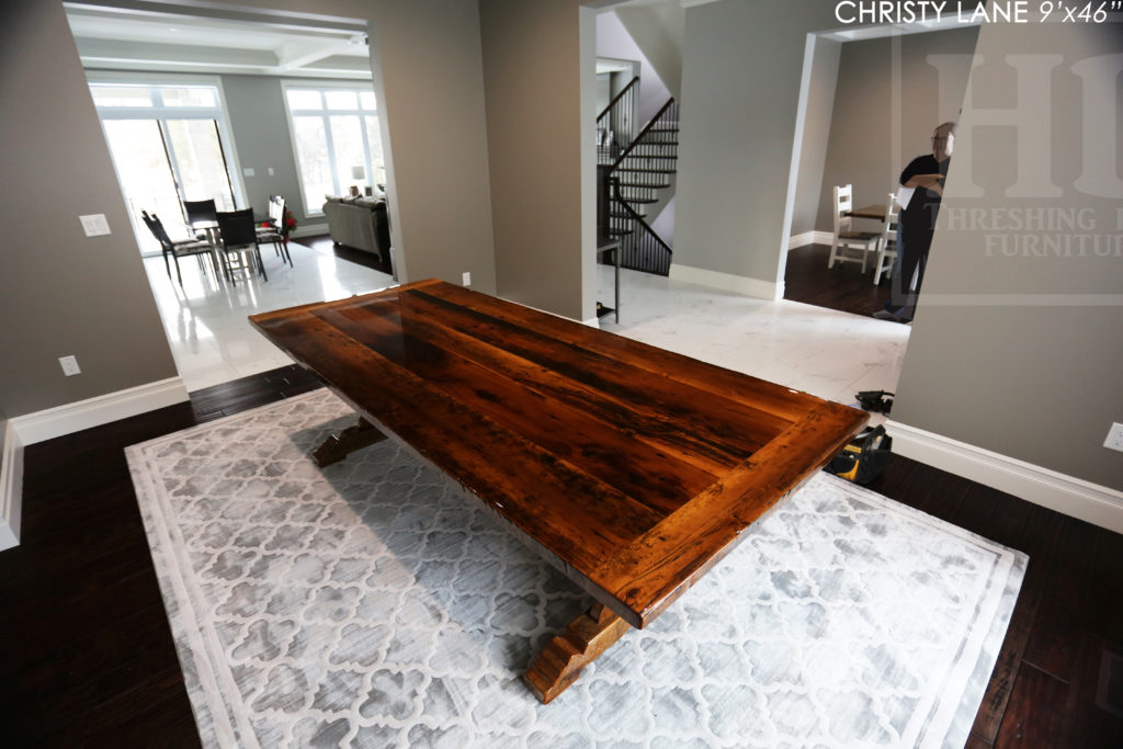 trestle table, reclaimed wood table, threshing floor table, tecumseh, ontario, epoxy finish, rustic furniture canada, mennonite furniture ontario, reclaimed wood dining table, rustic furniture canada, country style furniture, solid wood furniture canada