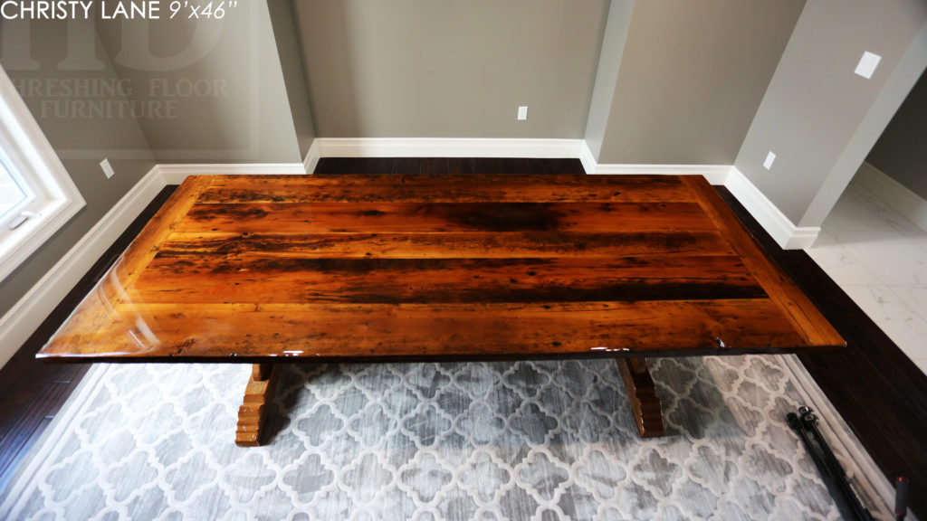 trestle table, reclaimed wood table, threshing floor table, tecumseh, ontario, epoxy finish, rustic furniture canada, mennonite furniture ontario, reclaimed wood dining table, rustic furniture canada, country style furniture, solid wood furniture canada, Gerald Reinink, HD Threshing