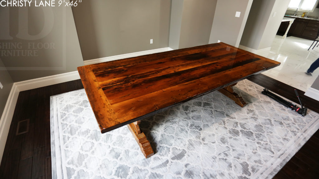 trestle table, reclaimed wood table, threshing floor table, tecumseh, ontario, epoxy finish, rustic furniture canada, mennonite furniture ontario, reclaimed wood dining table, rustic furniture canada, country style furniture, solid wood furniture canada, Gerald Reinink, HD Threshing