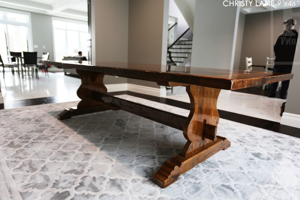 trestle table, reclaimed wood table, threshing floor table, tecumseh, ontario, epoxy finish, rustic furniture canada, mennonite furniture ontario, reclaimed wood dining table, rustic furniture canada, country style furniture, solid wood furniture canada, Gerald Reinink, HD Threshing