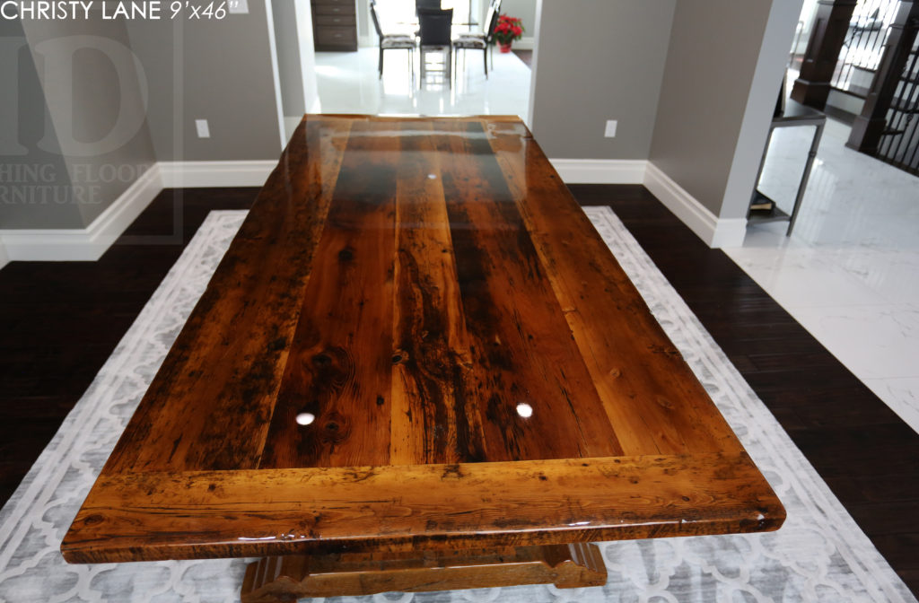 trestle table, reclaimed wood table, threshing floor table, tecumseh, ontario, epoxy finish, rustic furniture canada, mennonite furniture ontario, reclaimed wood dining table, rustic furniture canada, country style furniture, solid wood furniture canada, Gerald Reinink, HD Threshing