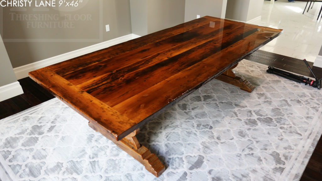 trestle table, reclaimed wood table, threshing floor table, tecumseh, ontario, epoxy finish, rustic furniture canada, mennonite furniture ontario, reclaimed wood dining table, rustic furniture canada, country style furniture, solid wood furniture canada, Gerald Reinink, HD Threshing