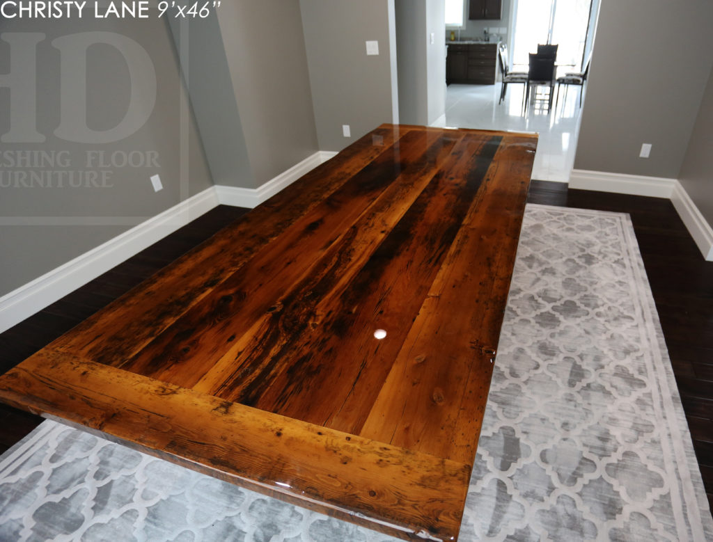 trestle table, reclaimed wood table, threshing floor table, tecumseh, ontario, epoxy finish, rustic furniture canada, mennonite furniture ontario, reclaimed wood dining table, rustic furniture canada, country style furniture, solid wood furniture canada, Gerald Reinink, HD Threshing