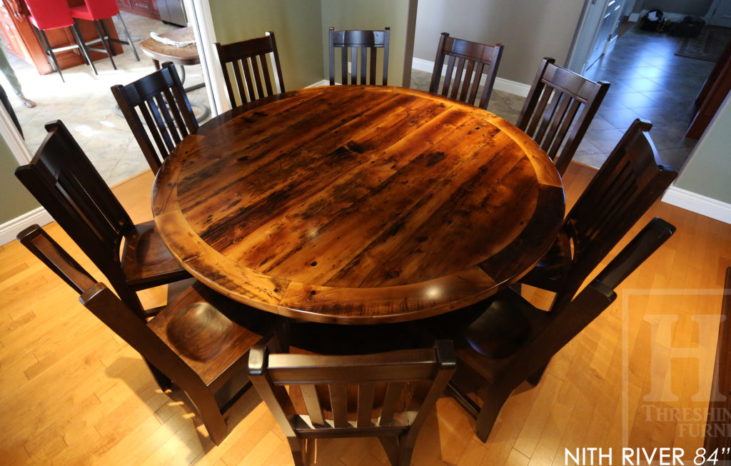reclaimed wood round table, reclaimed wood table, New Hamburg, Ontario, Wormy Maple chairs, strongback chairs, epoxy, pedestal table, hemlock, distressed wood round table, custom round table, cottage, country, farmhouse, mennonite, hd threshing