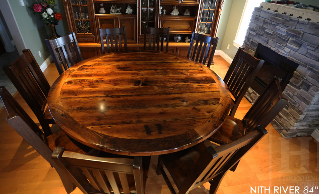 reclaimed wood round table, reclaimed wood table, New Hamburg, Ontario, Wormy Maple chairs, strongback chairs, epoxy, pedestal table, hemlock, distressed wood round table, custom round table, cottage, country, farmhouse, mennonite, hd threshing