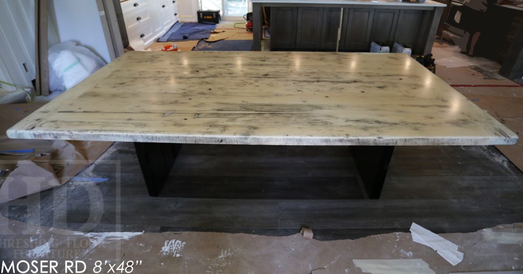 reclaimed wood table, grey, gray, bleached, modern reclaimed wood table, epoxy, st clements, ontario, distressed wood table, hd threshing, threshing floor table, mennonite furniture