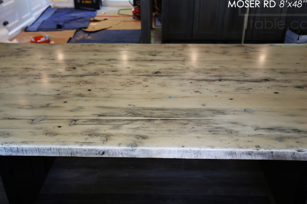 reclaimed wood table, grey, gray, bleached, modern reclaimed wood table, epoxy, st clements, ontario, distressed wood table, hd threshing, threshing floor table, mennonite furniture