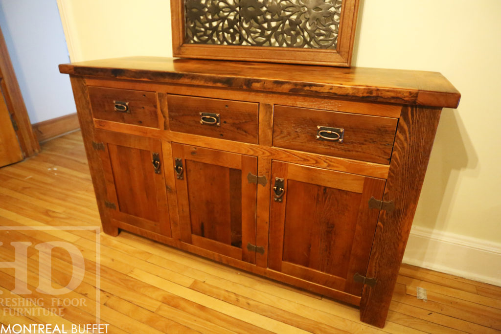 reclaimed wood buffet, credenza, cabinet, custom reclaimed wood cabinet, Montreal, Quebec, HD Threshing, Lee Valley Hardware, distressed wood cabinet, farmhouse, rustic, cottage, mennonite furniture, hand made, pioneer, recycled wood, ontario barns, gerald reinink
