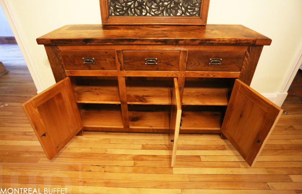 reclaimed wood buffet, credenza, cabinet, custom reclaimed wood cabinet, Montreal, Quebec, HD Threshing, Lee Valley Hardware, distressed wood cabinet, farmhouse, rustic, cottage, mennonite furniture, hand made, pioneer, recycled wood, ontario barns, gerald reinink