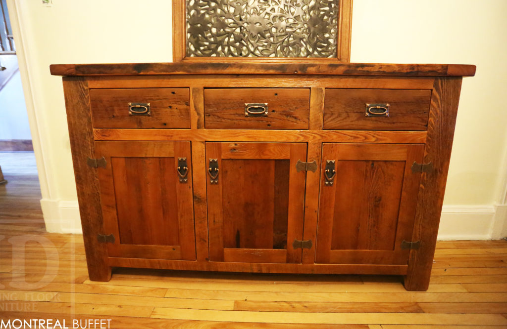 reclaimed wood buffet, credenza, cabinet, custom reclaimed wood cabinet, Montreal, Quebec, HD Threshing, Lee Valley Hardware, distressed wood cabinet, farmhouse, rustic, cottage, mennonite furniture, hand made, pioneer, recycled wood, ontario barns, gerald reinink