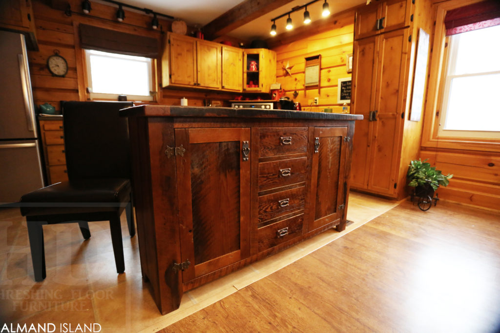 reclaimed wood island, rustic island, cottage island, hemlock, ontario, wiarton, lee valley hardware, unique kitchen island, hd threshing, solid wood island, barnwood island, hd threshing, gerald reinink