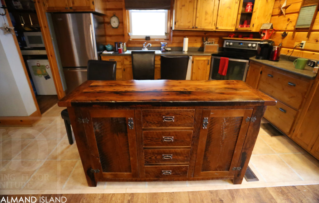 reclaimed wood island, rustic island, cottage island, hemlock, ontario, wiarton, lee valley hardware, unique kitchen island, hd threshing, solid wood island, barnwood island, hd threshing, gerald reinink