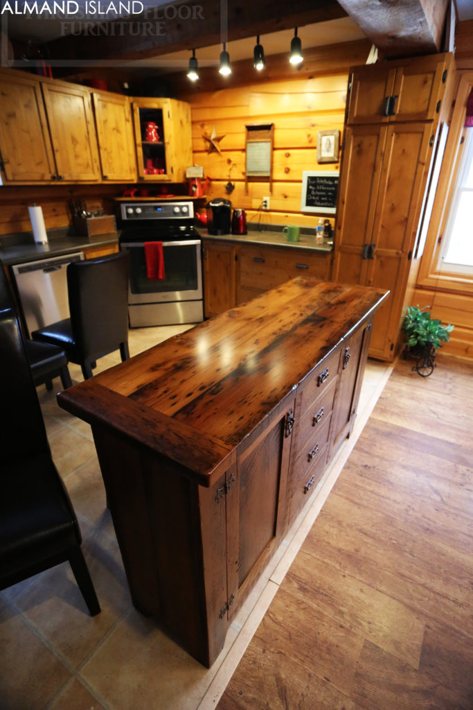 reclaimed wood island, rustic island, cottage island, hemlock, ontario, wiarton, lee valley hardware, unique kitchen island, hd threshing, solid wood island, barnwood island, hd threshing, gerald reinink