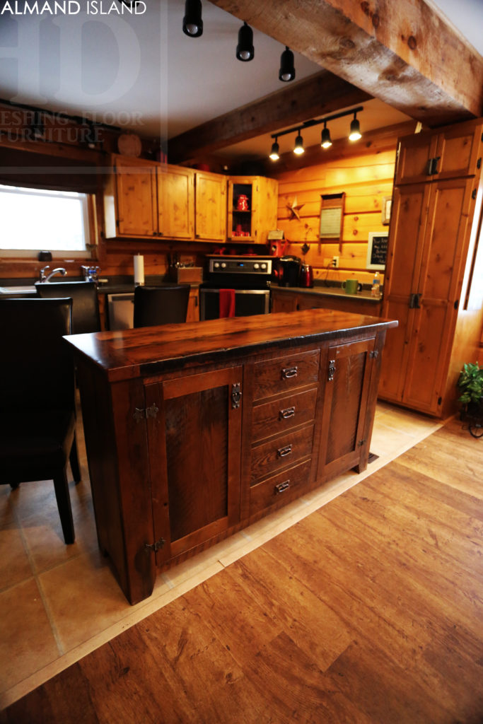 reclaimed wood island, rustic island, cottage island, hemlock, ontario, wiarton, lee valley hardware, unique kitchen island, hd threshing, solid wood island, barnwood island, hd threshing, gerald reinink