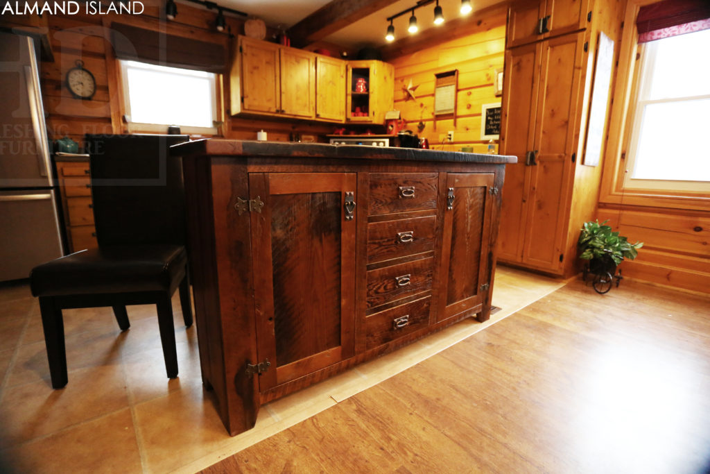 reclaimed wood island, rustic island, cottage island, hemlock, ontario, wiarton, lee valley hardware, unique kitchen island, hd threshing, solid wood island, barnwood island, hd threshing, gerald reinink