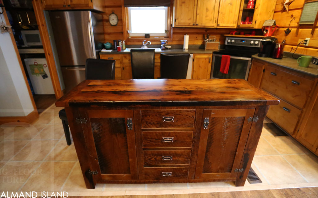 reclaimed wood island, rustic island, cottage island, hemlock, ontario, wiarton, lee valley hardware, unique kitchen island, hd threshing, solid wood island, barnwood island, hd threshing, gerald reinink