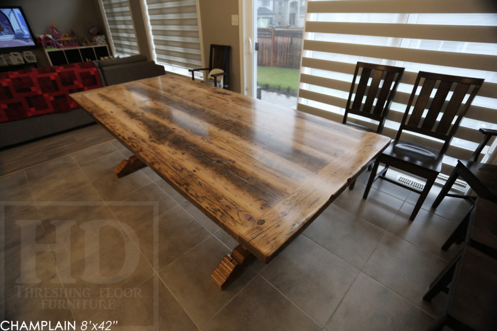 reclaimed wood table, cambridge ontario, grey, gray, rustic table, epoxy finish, distressed wood table, trestle, rustic, cottage, farmhouse, recycled, gerald reinink, hd threshing, unique tables canada