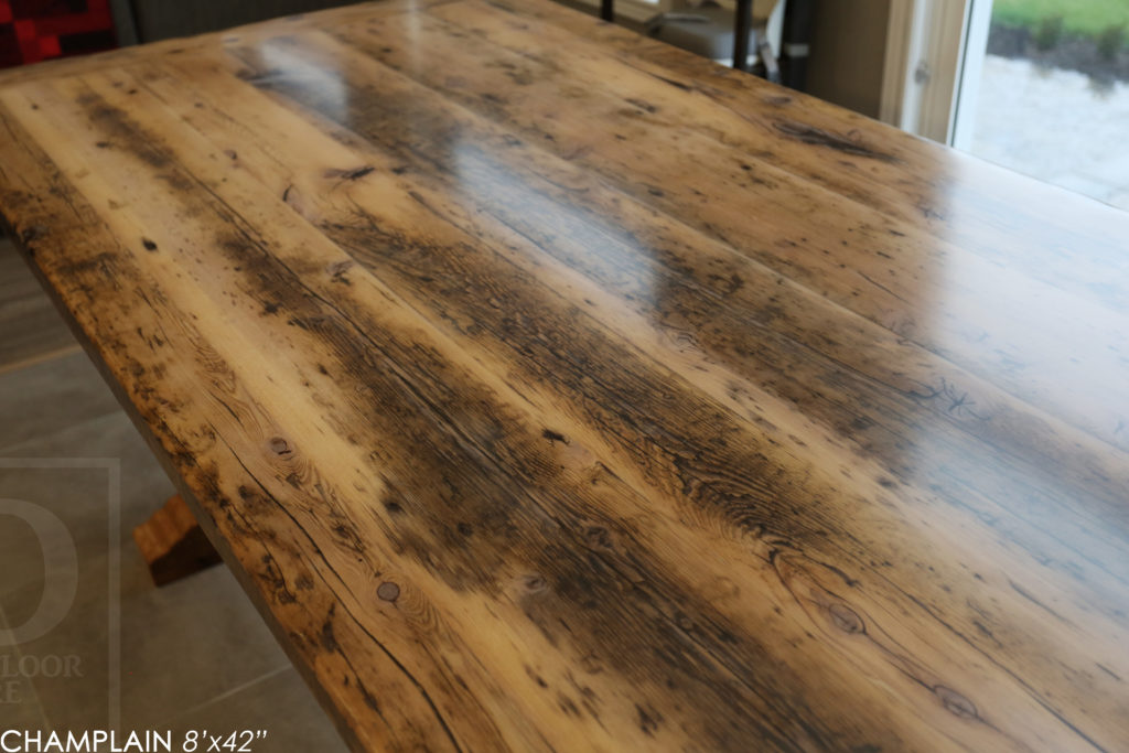 reclaimed wood table, cambridge ontario, grey, gray, rustic table, epoxy finish, distressed wood table, trestle, rustic, cottage, farmhouse, recycled, gerald reinink, hd threshing, unique tables canada