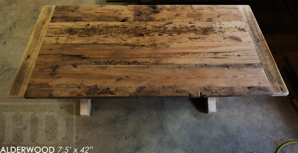 reclaimed wood table, trestle table, ontario, hemlock, rustic, farmhouse, cottage style, rustic style, rustic furniture canada, mennonite furniture canada, recycled wood table, hd threshing, gerald reinink, reclaimed wood bench, bench