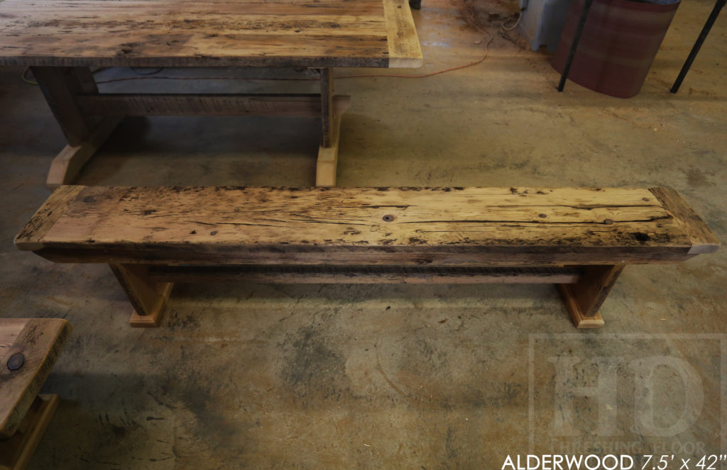 reclaimed wood table, trestle table, ontario, hemlock, rustic, farmhouse, cottage style, rustic style, rustic furniture canada, mennonite furniture canada, recycled wood table, hd threshing, gerald reinink, reclaimed wood bench, bench