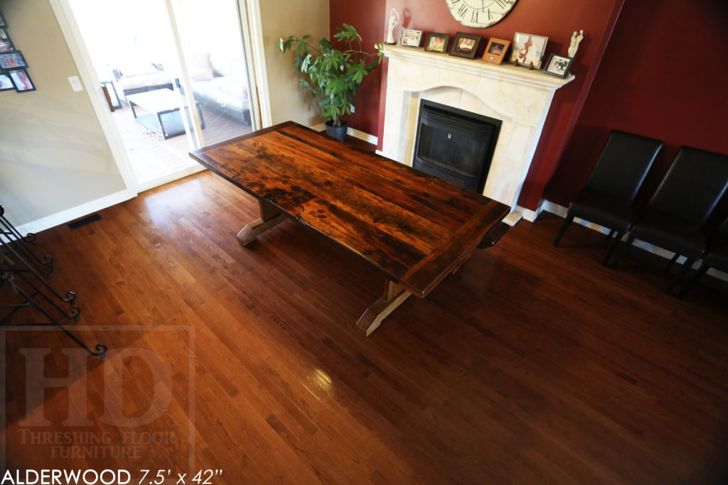 reclaimed wood table, trestle table, ontario, hemlock, rustic, farmhouse, cottage style, rustic style, rustic furniture canada, mennonite furniture canada, recycled wood table, hd threshing, gerald reinink