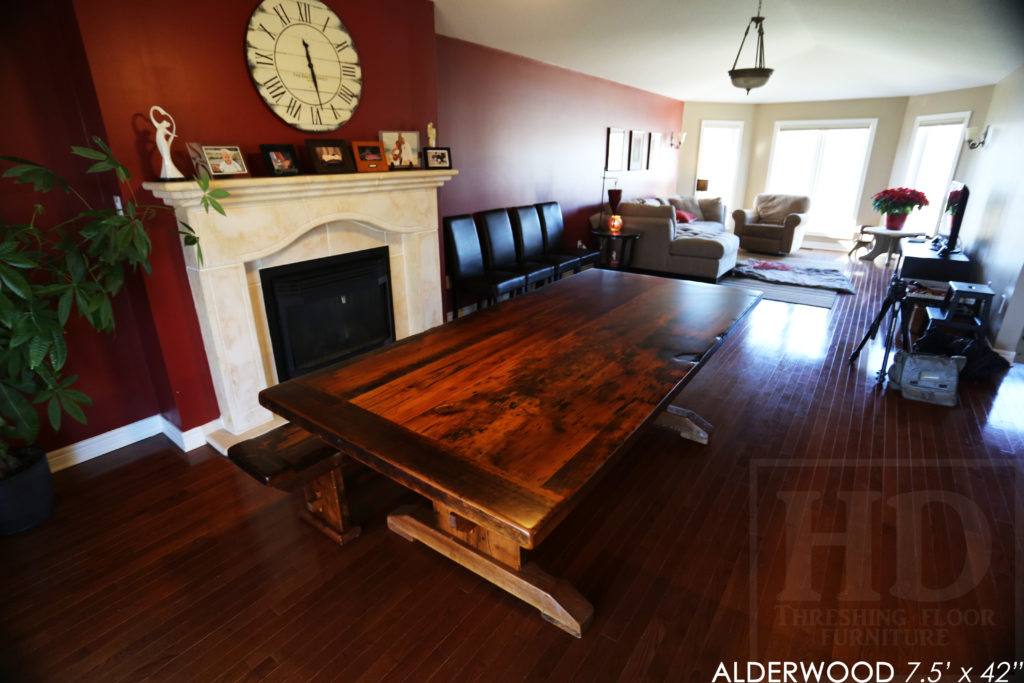 reclaimed wood table, trestle table, ontario, hemlock, rustic, farmhouse, cottage style, rustic style, rustic furniture canada, mennonite furniture canada, recycled wood table, hd threshing, gerald reinink, reclaimed wood bench, bench