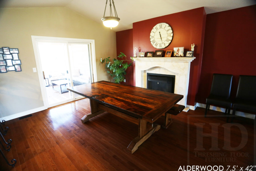 reclaimed wood table, trestle table, ontario, hemlock, rustic, farmhouse, cottage style, rustic style, rustic furniture canada, mennonite furniture canada, recycled wood table, hd threshing, gerald reinink, reclaimed wood bench, bench