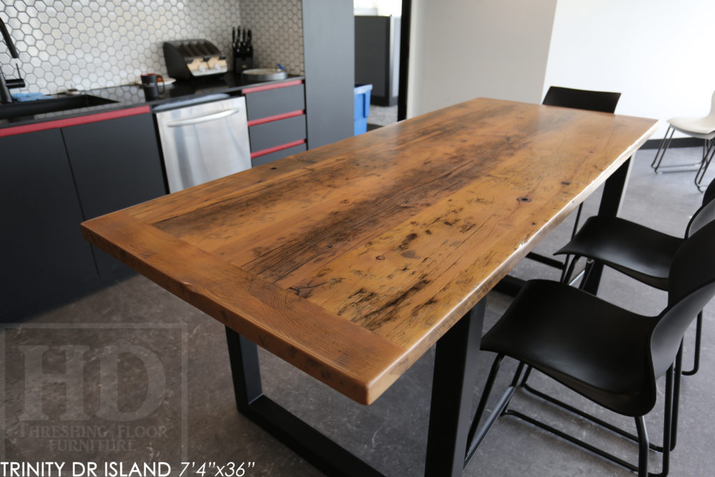 reclaimed wood table mississauga, ontario, barnwood table, farmhouse table, metal base reclaimed wood table, hd threshing, industrial table, epoxy, grey, gray, heavy duty, distressed, rustic, hd threshing, gerald reinink