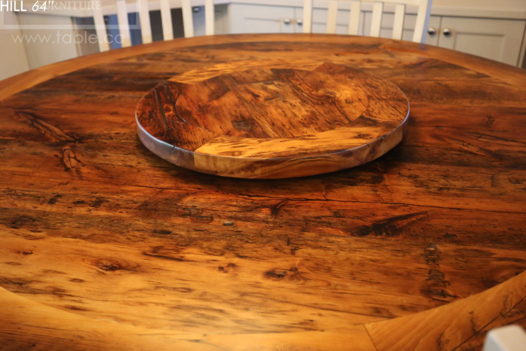 reclaimed wood round table, brantford, ontario, reclaimed wood furniture, lazy susan, barnwood, farmhouse, cottage, solid wood, rustic style, epoxy, custom, hd threshing, hd threshing floor furniture, distressed wood,