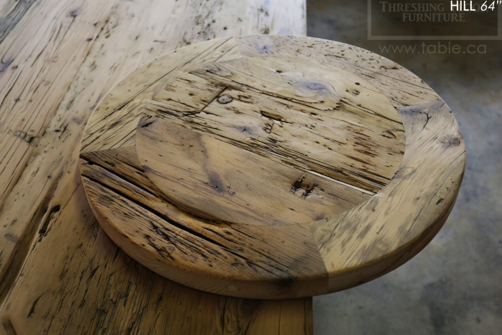 reclaimed wood round table, brantford, ontario, reclaimed wood furniture, lazy susan, barnwood, farmhouse, cottage, solid wood, rustic style, epoxy, custom, hd threshing, hd threshing floor furniture, distressed wood,