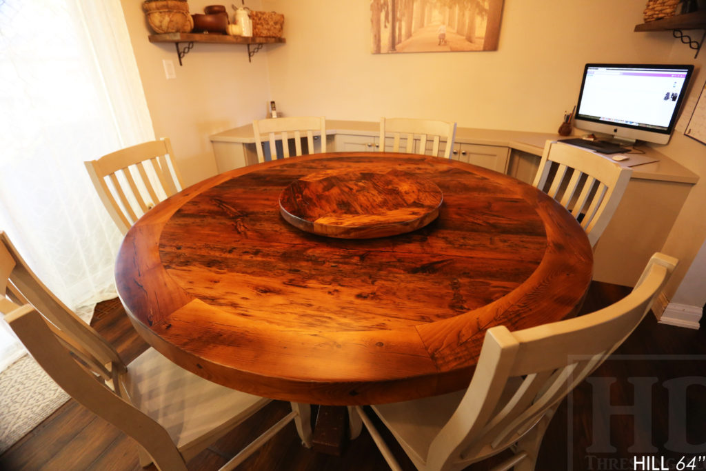 reclaimed wood round table, brantford, ontario, reclaimed wood furniture, lazy susan, barnwood, farmhouse, cottage, solid wood, rustic style, epoxy, custom, hd threshing, hd threshing floor furniture, distressed wood,
