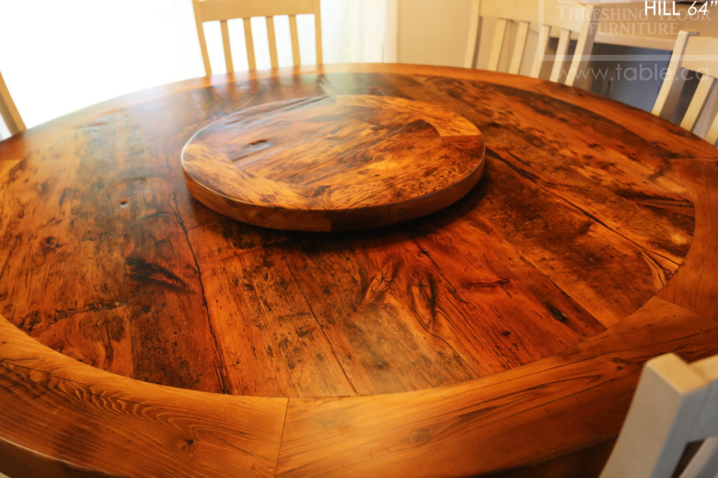 reclaimed wood round table, brantford, ontario, reclaimed wood furniture, lazy susan, barnwood, farmhouse, cottage, solid wood, rustic style, epoxy, custom, hd threshing, hd threshing floor furniture, distressed wood,