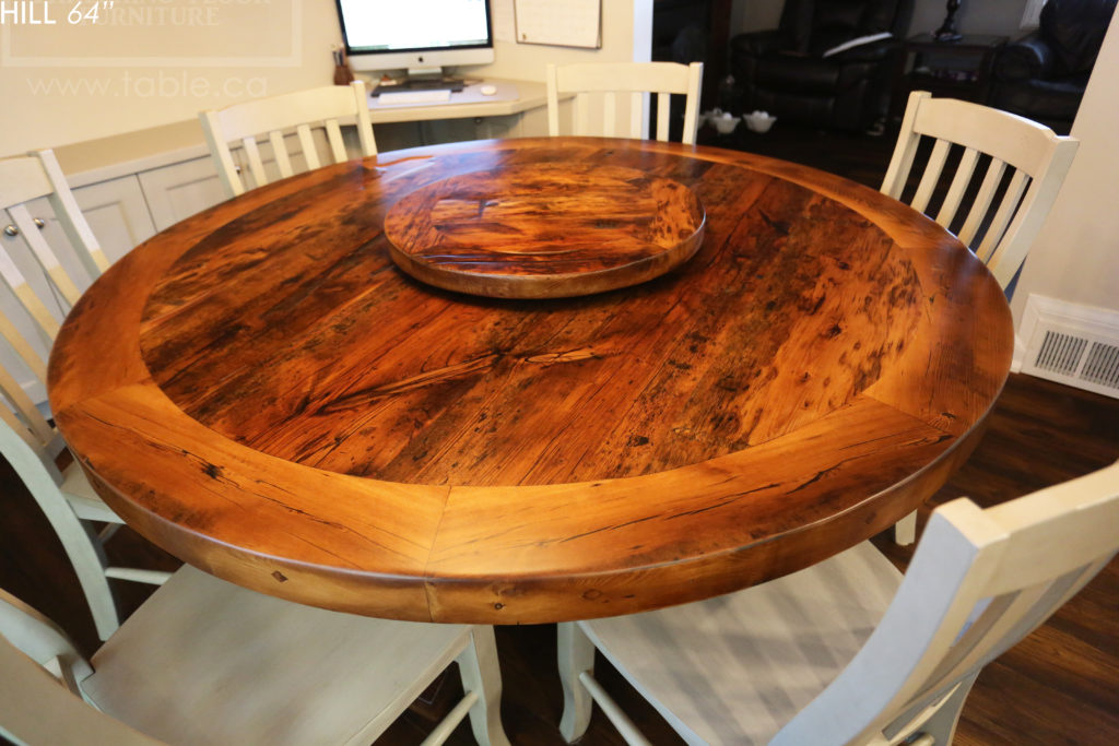 reclaimed wood round table, brantford, ontario, reclaimed wood furniture, lazy susan, barnwood, farmhouse, cottage, solid wood, rustic style, epoxy, custom, hd threshing, hd threshing floor furniture, distressed wood,