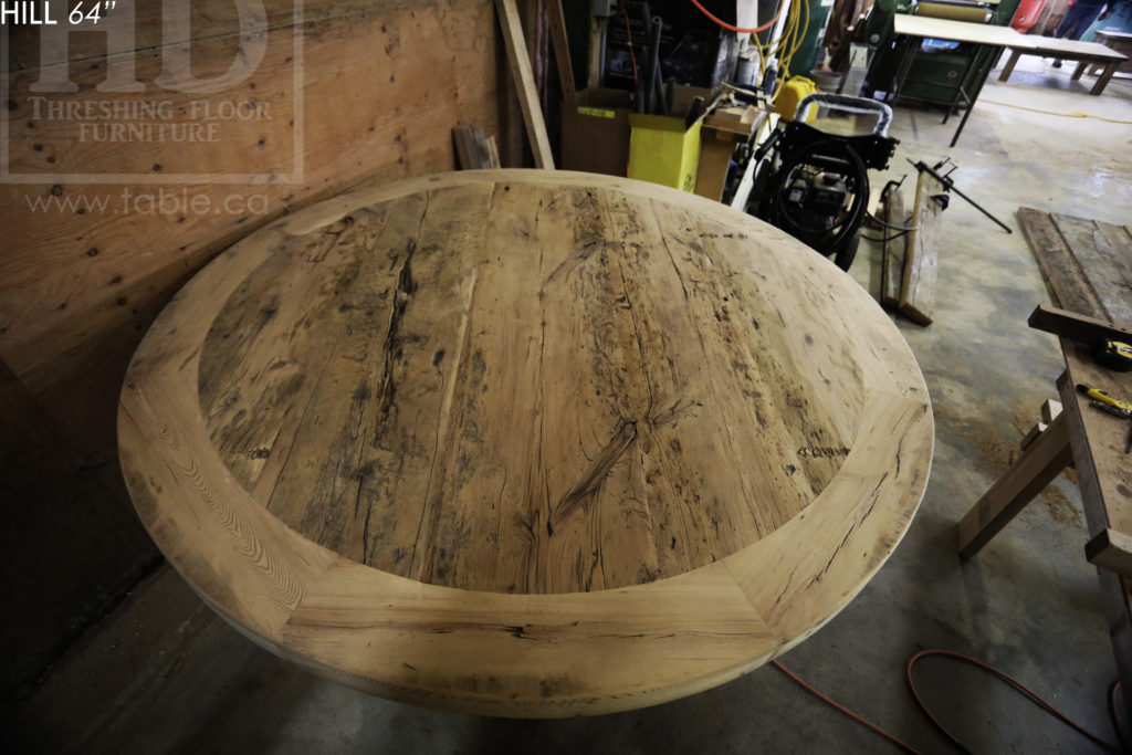 reclaimed wood round table, brantford, ontario, reclaimed wood furniture, lazy susan, barnwood, farmhouse, cottage, solid wood, rustic style, epoxy, custom, hd threshing, hd threshing floor furniture, distressed wood,