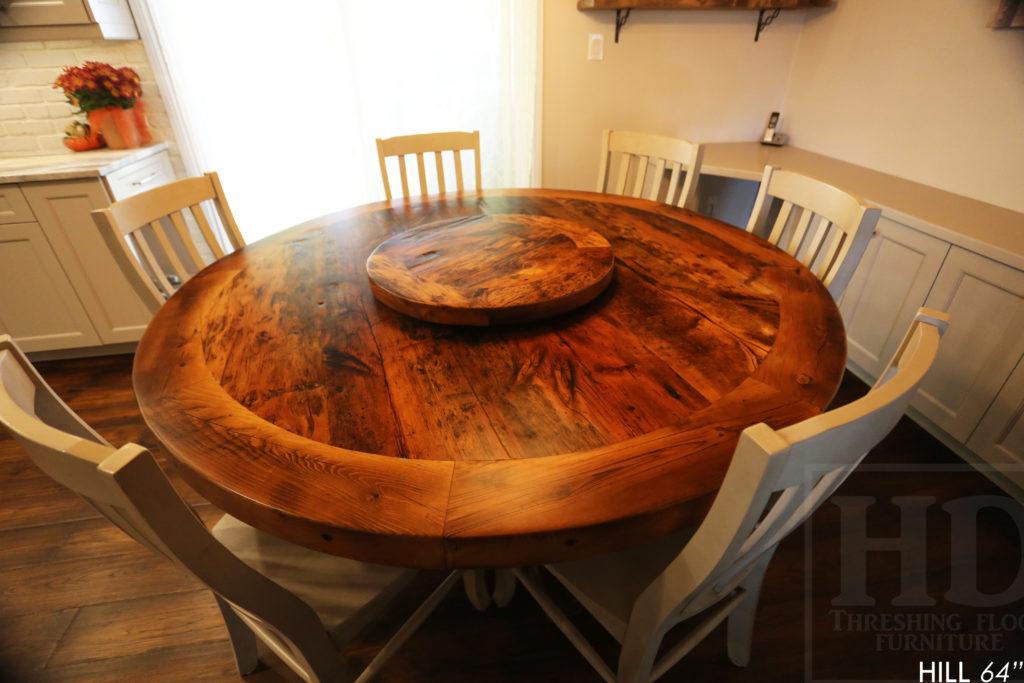 reclaimed wood round table, brantford, ontario, reclaimed wood furniture, lazy susan, barnwood, farmhouse, cottage, solid wood, rustic style, epoxy, custom, hd threshing, hd threshing floor furniture, distressed wood,